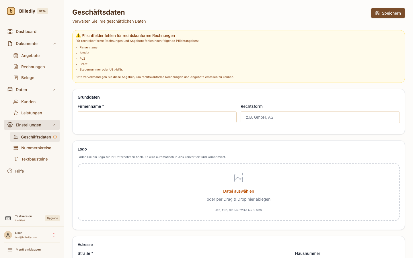 Einstellungen – Geschäftsdaten